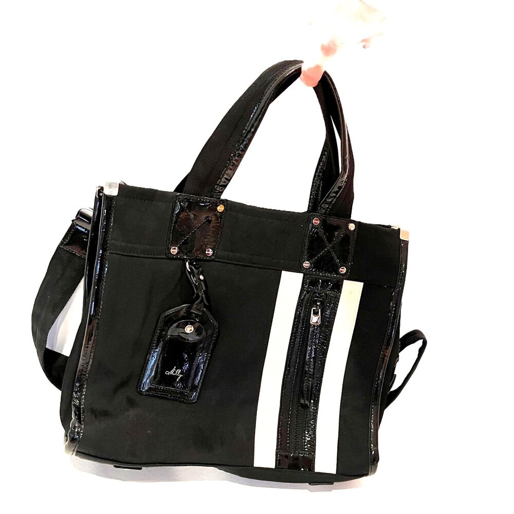 Milly - Mod look B&W Messenger Tote Bag. Color Block Canvas & Patent Leather - Picture 8 of 16